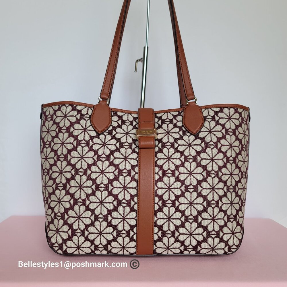 KATE SPADE Spade-Flower Jacquard and Leather Medium Open Tote- Burgundy Multi⭐ - Picture 6 of 16
